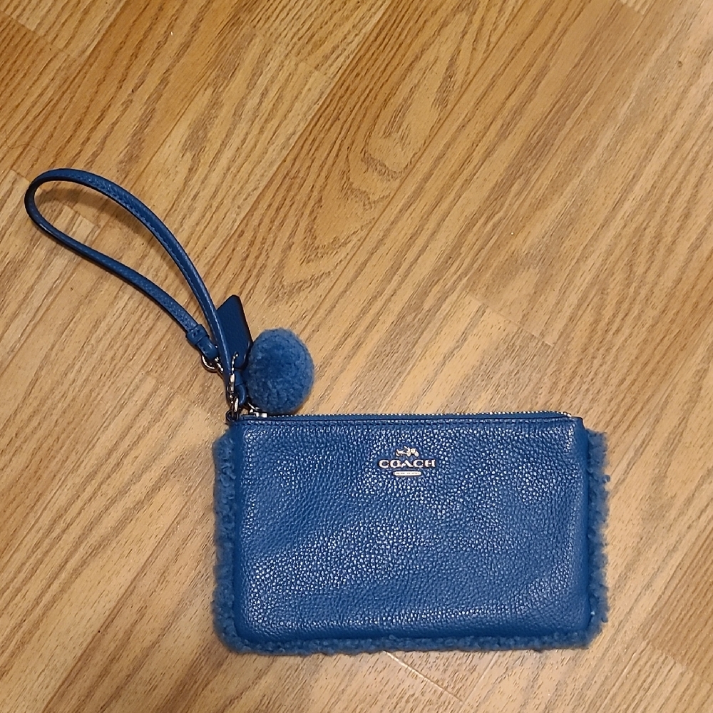 Coach Blue Textured Wristlet with Pom Pom